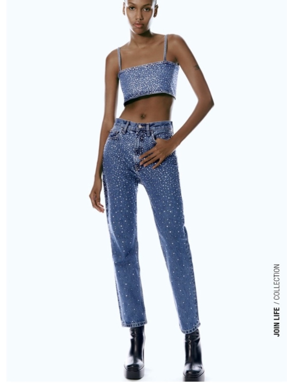 Zara Blue Straight Leg Jeans with Rhinestone/Crystal Embellishments